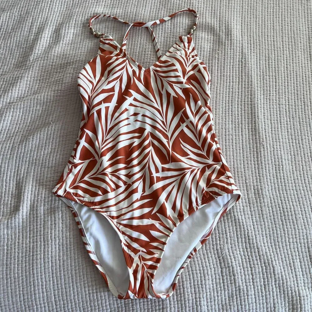 Shade & Shore Swimsuit Womens Medium Rust White Palm Leaf One Piece Strappy Back